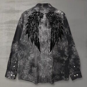 Y2K Eighty Eight Button Down Shirt Black Acid Wash Affliction Angel Wings XL